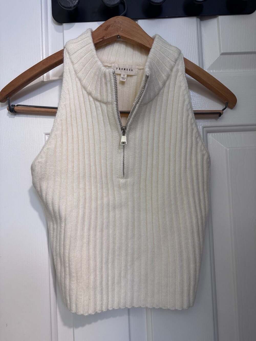 Promesa Cream Ribbed Knit Half-Zip Mock Neck Sweater Tank Top Size S